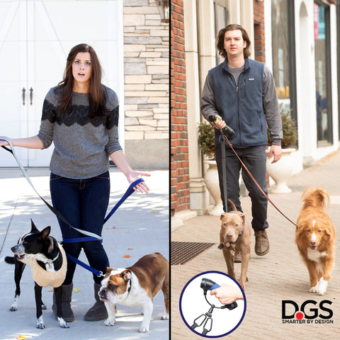 Walk two dogs tangle free in one hand. The Gismo leash holder + systems with the dual carabiner lets you easily walk two dogs in one hand.